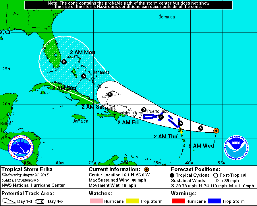 The Department of Disaster Management (DDM) has confirmed that the Meteorological Service of Antigua has issued a Tropical Storm (TS) Warning for the Virgin Islands as Tropical Storm Erika is expected near the territory tomorrow Thursday August 27, 2015. Photo: Provided
