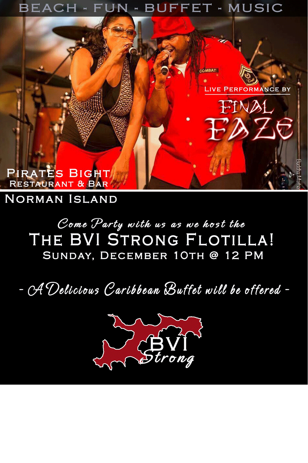 The flyer for the re-opening of Pirates Bight Restaurant and Bar on Norman Island. Photo: Provided